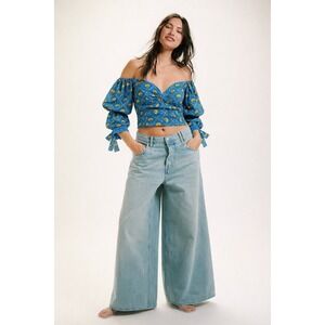 EDDY Hadley Off-The-Shoulder Tie Top Lapis Laguna Floral Blue/Yellow Sz: L NWT